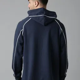 lewel Men's Stylish Multi Panelled Self Design Full Sleeve Hooded Sweatshirt (Navy) image 3