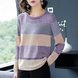 icw Women's Stretchable Knitted Crochet Hollow Out Color Block Stripe Pullover Top T-Shirt (ONE Size FIT M-L) Bust Size (34-38 INCH) 84-96 cm image 3