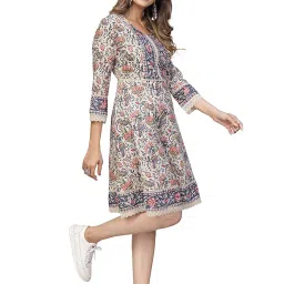 vbuyz Women's Floral Print Flared Cotton Beige Stitched Dress image 5