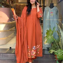 gosriki Women's Embroidered Viscose Anarkali Kurta Set with Dupatta - Orange Traditional Festive image 4