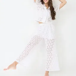 globus Women Notched Lapel Short Sleeves Crochet Shirt & Wide Leg Trousers Co-Ord Set image 1