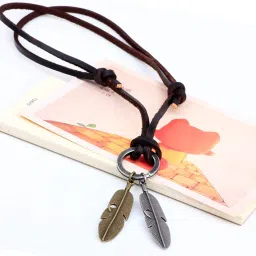 young & forever Gift Boys Opera Length Brown Leather Chain Antique Gold Silver Feather Charm Necklace image 1
