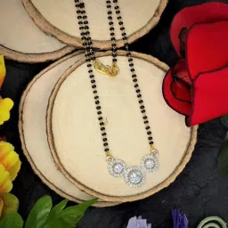 gehena by estele Gold & Rhodium Plated Shimmering Trio Circular Pendant Mangalsutra Chain with Black Beads & White Crystals for Women image 5