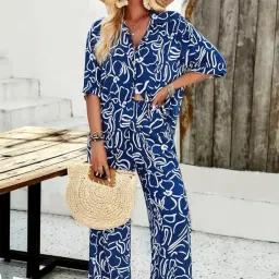 gufrina Women's Blue and White Abstract Print Co-Ord Set, Half Sleeve Shirt and Wide Leg Pants image 3