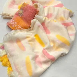 nirave fashion Pure Linen Cotton Paint Saree with Cotton Handwork Blouse, Lemonish White, 5.5 Meters image 1