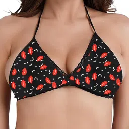 fihana Halter Neck Babydoll Dress | Black with Red Lip Print | Adjustable Straps & Flowy Skirt | Lightweight Nightwear for Romance & Parties image 3