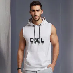 looks united Men’s Hooded Sleeveless Cotton Blend Printed Vest with Kangaroo Pocket image 3