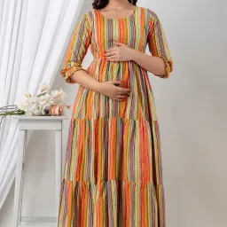 henal Women's Printed Maternity Dress Pregnancy Casual 3/4 Sleeve Dual Zipped for Feeding Nursing Maternity Comfort Dress Kurta - Orange image 2