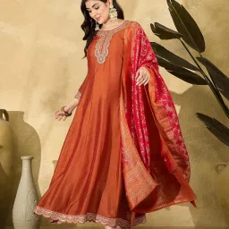 shewill Gown for Women - Orange Vichitra Silk Zari Sequence Thread and Cording Embroidered Ethnic Gown with Flared Design for Women image 2