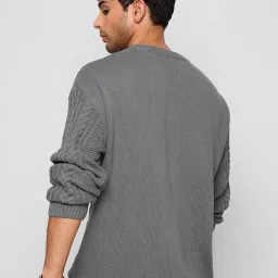 the souled store Cable Knit Pullover: Stone Grey Men and Boys Long Sleeves Round Neck Grey Acrylic Oversized Pullovers image 3