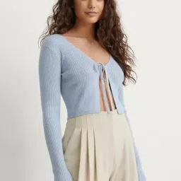 redamancii Solid V Neck Cardigan Full Sleeves Regular Fit Casual Ribbed Top for Women image 3