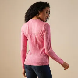 globus Women Round Neck Long Sleeves Self Design Knitted Ribbed Hem Pullover Sweater image 2