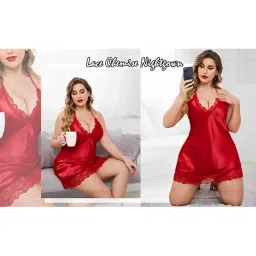 bellevino Women Lingerie Halter Lace V Neck Satin Solid Babydoll with G-String Panty Chemise Ruffle Nightgown Sleepwear & Honeymoon Nighty Free Size image 4