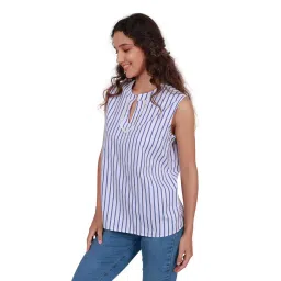 modyne Women’s Sleeveless Cotton Tunic Top | Blue & White Striped Pattern | Casual & Stylish Summer Top image 4