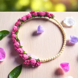 jyayasi Elegant Pink Floral Tiara Headband for Women & Teens | Wedding, Baby Shower, Haldi Ceremony | Handmade Artificial Pearl Flower Crown image 2