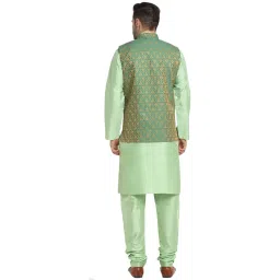 kraft india Mens Sea Green Silk Blend Kurta and Churidar Set with Jacquard Paisley Nehru Jacket image 1
