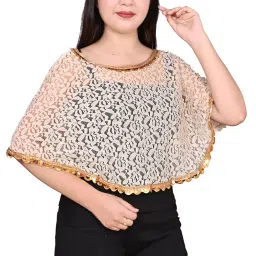 Women's Net Lace Poncho with Golden Lace with New Stylist Trendy Beautiful Cape Regular Poncho and Shrug Beige Colour image 2