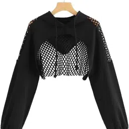 pdkfashions Solid Cut Out Front Long Sleeve Fishnet Hoodie Sweatshirts for Women image 1