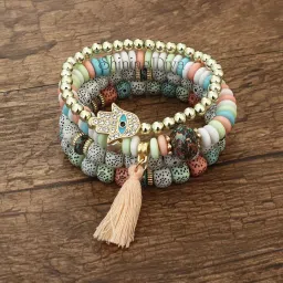 shining diva fashion Bohemian Evil Eye Lucky Protection Hamsa Hand Tassel Charm Beaded Bodhi Stylish Multilayer Bangle Bracelet for Women and Girls image 3