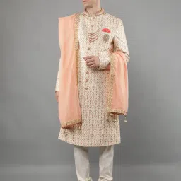 manish creations Men's Embroidered Silk Blend Ethnic Sherwani Set image 5