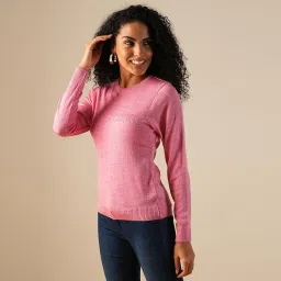 globus Women Round Neck Long Sleeves Self Design Knitted Ribbed Hem Pullover Sweater image 1