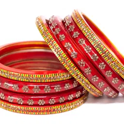 swara creations Lah/Lac bangles red color Set, LAHTHI Churi Kundan work for Women and Girls(8 pcs) image 4
