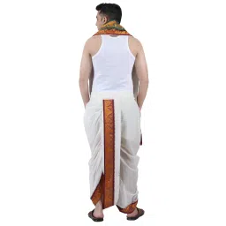 prakasam cotton Men's Panchakacham (Ready to wear) dhoti towel set with pocket- free size. (Half White-2) image 3
