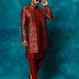 vastramay Rayon Men's Red Viscose Sherwani Set image 2