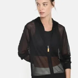 talitha fashion Stylish Black Sheer Mesh Jacket for Women – Trendy, Lightweight, and Breathable Full Sleeve Zip-Up Hoodie – Perfect for Casual, Gym, and Outdoor Wear image 2