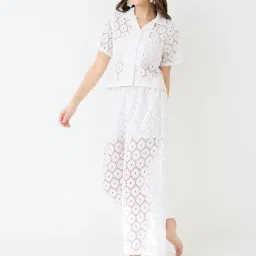 globus Women Notched Lapel Short Sleeves Crochet Shirt & Wide Leg Trousers Co-Ord Set image 2