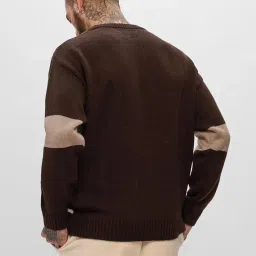 the souled store Colourblock Cable Knit Pullover: Mocha Men and Boys Long Sleeves Round Neck Acrylic Oversized Pullovers image 3