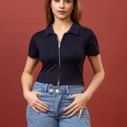 miniorra Womens Short Sleeve|Polo and Blouses Zippered Collared Business Casual Polo|Slim Fit Work Polo-DZ-05-NAVY_L image 1
