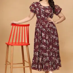 Women's Georgette Dresses Floral Printed One Piece Stylish Long Maxi Western Frock Midi Dress for Women (Puffed Sleeves) image 2