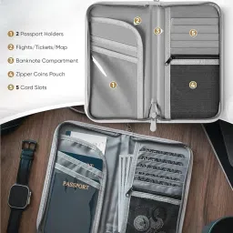 popcube Polyester Travel Passport Cover for Men & Women with RFID Blocking- Passport Holder for Upto 4 passports- Passport Pouch with Removable Hand Strap. (Grey) image 1