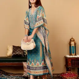 varanga Women Teal Blue Pure Silk Gotta And Mirror Work Kaftan With Tulip Pants image 5