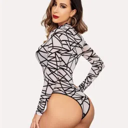 for you for me Women's Sheer Mesh Geometric Bodysuit – Long Sleeve High Neck Lingerie One-Piece | Clubwear & Festival Outfit image 2