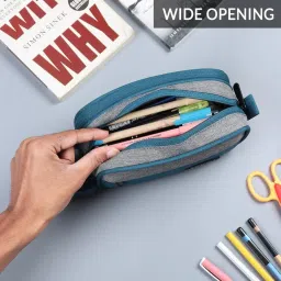 wooum High Capacity Pen Case Durable Pencil Bag Stationery Pouch Zipper, Portable Journaling Supplies with Easy Grip Handle & Loop, Asthetic Supply for Adults, (LightGrey-Tblue) image 2