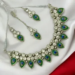 getbling Peacock-Inspired Jewellery Set with Crystal Necklace, Earrings and Maang Tikka, Silver and Green image 4
