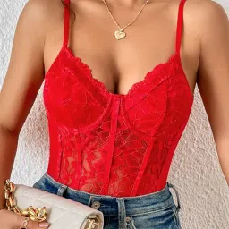 wtyd Women's Floral Lace Bodysuit, Sheer Corset Design, Spaghetti Straps, Black image 3