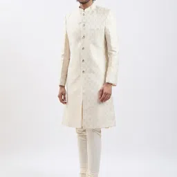 vastramay Men's Cream And Gold Silk Blend Sherwani Set - Step Into Refined Elegance With This Luxurious Silk Blend Jacquard Sherwani With Kurta And Pyjama. image 1