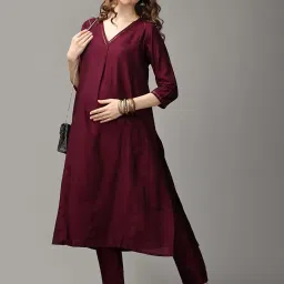 the mom store Maternity Nursing and Feeding Kurta Set | Nursing Zippers | Pre and Post Pregnancy | Raw Silk | Kurta Pant Set | Solid | image 1