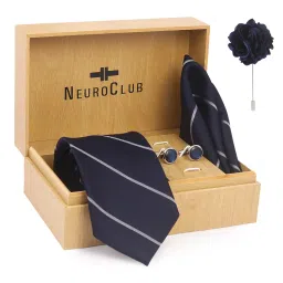 neuroclub Men's Solid Micro Self Silk Necktie Gift Set With Pocket Square Cufflinks & Brooch Pin Formal Tie With Box image 1