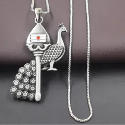 afh Lord Murugan Tamil Om Vel Peacock Feather Grey Snake Chain Pendnet for Men and Women image 2
