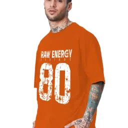 leotude Men Half Sleeve Round Neck Graphic Font Printed Cottonblend Oversized Tshirts (Colour: Orange) image 3