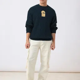 the souled store Ocean Haze Men and Boys Long Sleeves Round Neck Blue Embroidered Patch Acrylic Oversized Pullovers image 1