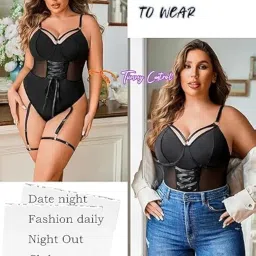 chicklick Plus Size Sheer Mesh Bodysuit with Corset Detail and High Slit Dress, Black image 1