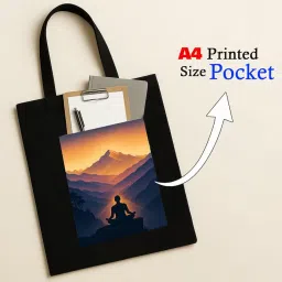 megrok Black Cotton Tote Bag with A4 Printable Pocket, Meditative Spiritual Art Print, Eco-Friendly Zipper Bag for Yoga, Wellness & Mindfulness Lovers image 1