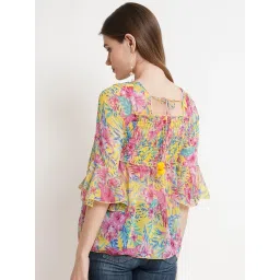 popwings Printed Chiffon Peplum Tops for Women || 3/4th Sleeves Square Neck Women Tops for Summer || Stylish Western Smocking Women Tops image 2