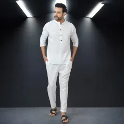 qashida Men's Cotton Co-ord Set - Kurta & Pant Set, Full Sleeve, Mandarin Collar, Hip Length, 2 Side Pockets image 3
