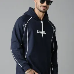 lewel Men's Stylish Multi Panelled Self Design Full Sleeve Hooded Sweatshirt (Navy) image 5